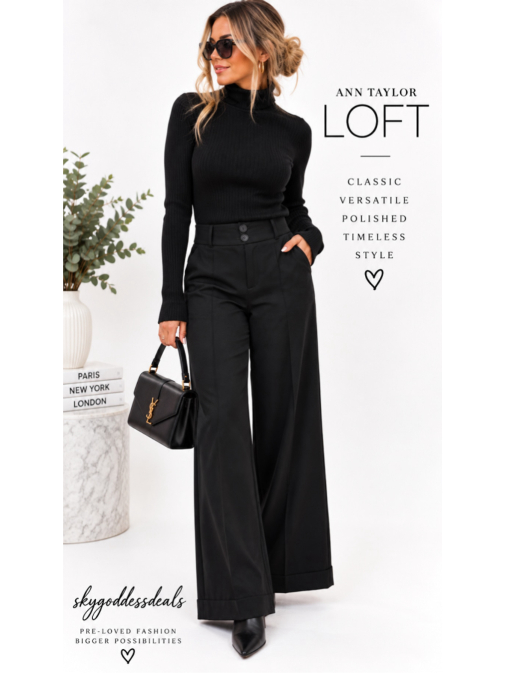 LOFT Black Wide Leg Trouser Pants Sz 6 High Rise Career Office Workwear Classic